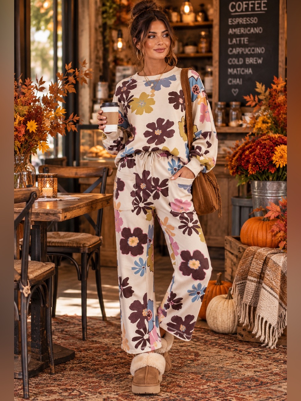 Easel Two Piece Floral Soft French Terry long sleeve top and lounge pants - Picture 7 of 8
